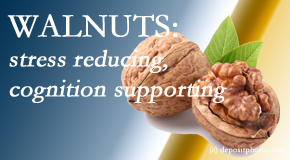 Johnson Chiropractic shares a picture of a walnut which is said to be good for the gut and reduce stress.